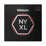 Front view of the D'Addario NYXL1074 8-string electric guitar strings package, 10–74 gauge.