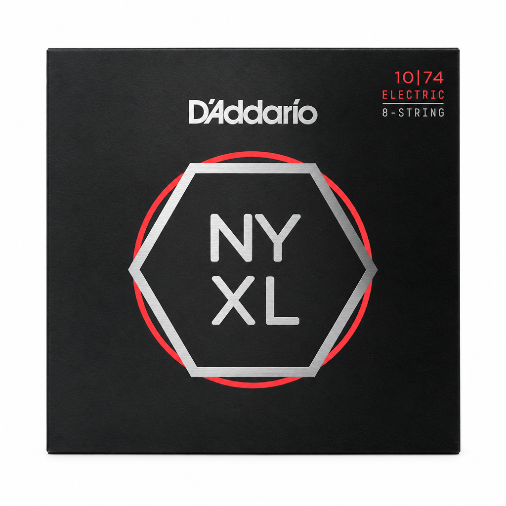 Front view of the D'Addario NYXL1074 8-string electric guitar strings package, 10–74 gauge.