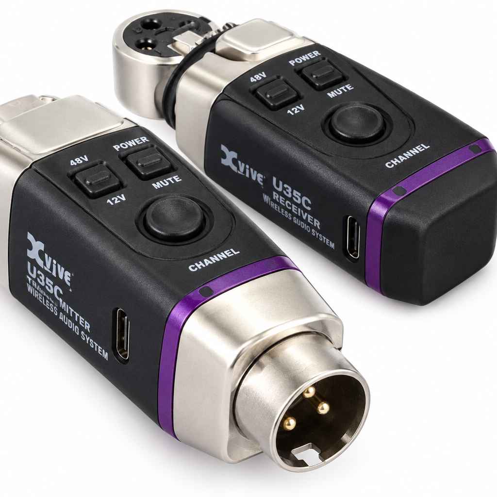 Macro close-up of the Xvive U35C transmitter and receiver showing the phantom-power buttons, channel controls, indicators, and connectors