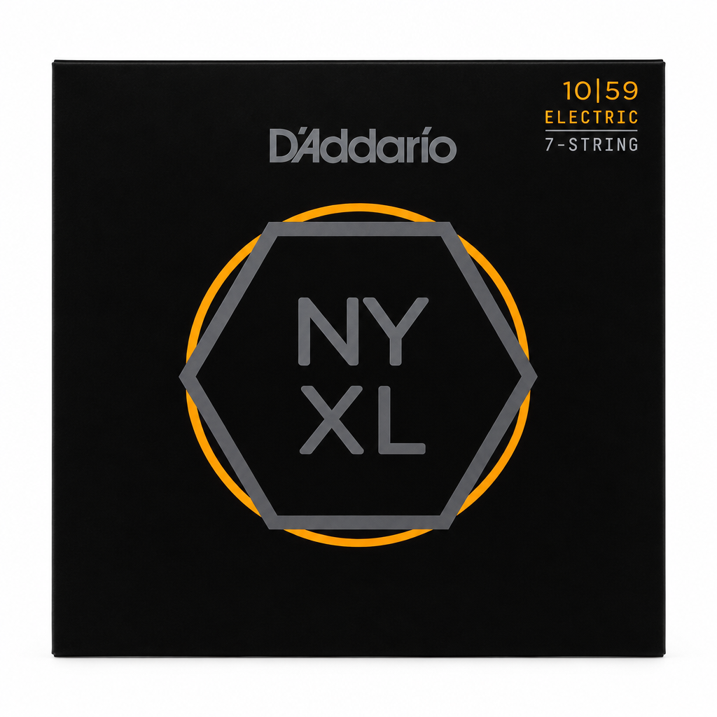 Front view of the D'Addario NYXL1059 7-string electric guitar strings package, 10–59 Regular Light.