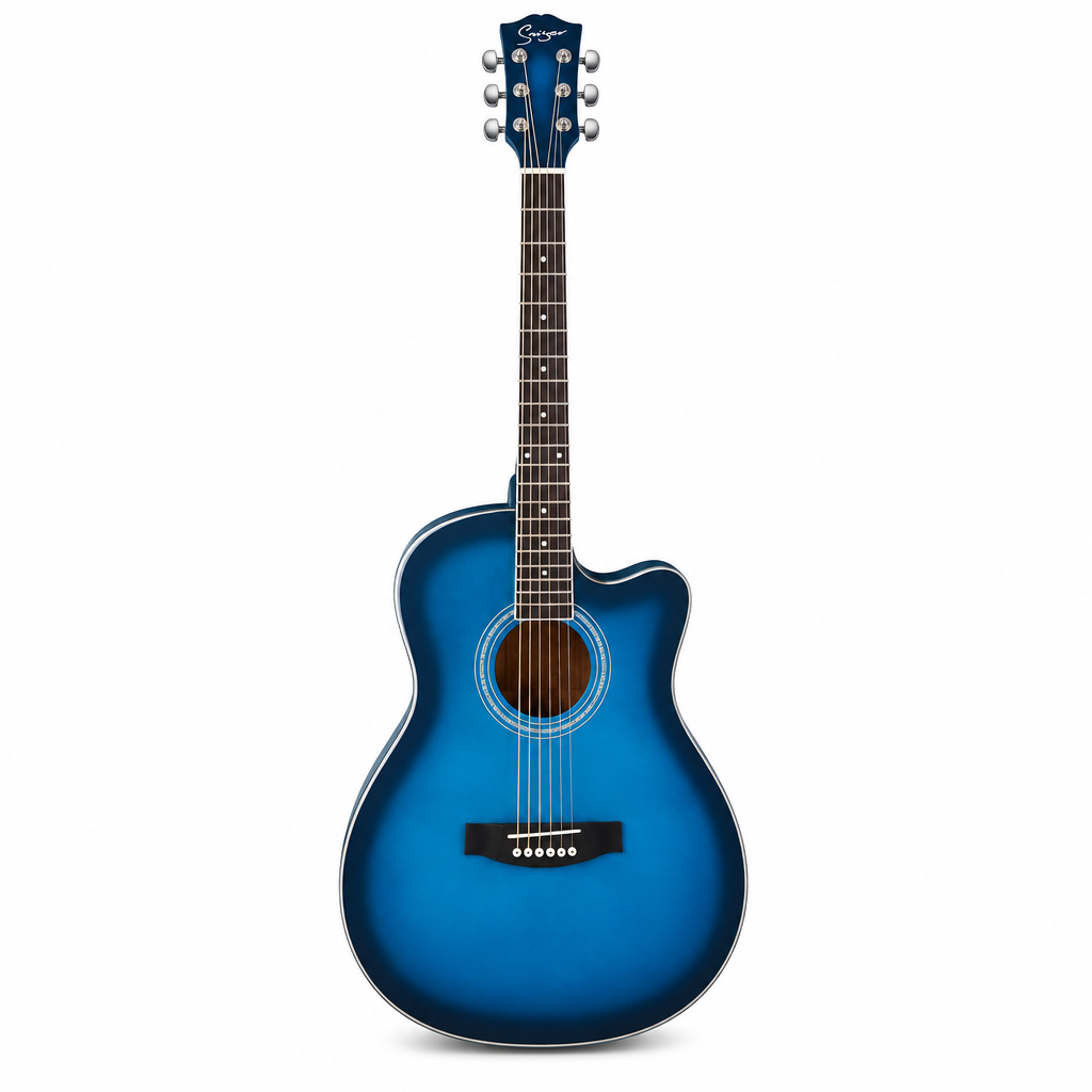 Straight front view of the Smiger GA-H10-BL blue acoustic guitar preserving its original cutaway body, soundhole, bridge, strings, neck, and headstock