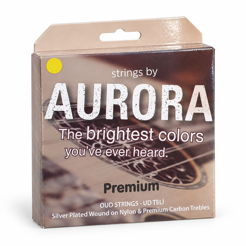 Aurora Premium oud strings package, three-quarter angled view showing the package depth and original front artwork