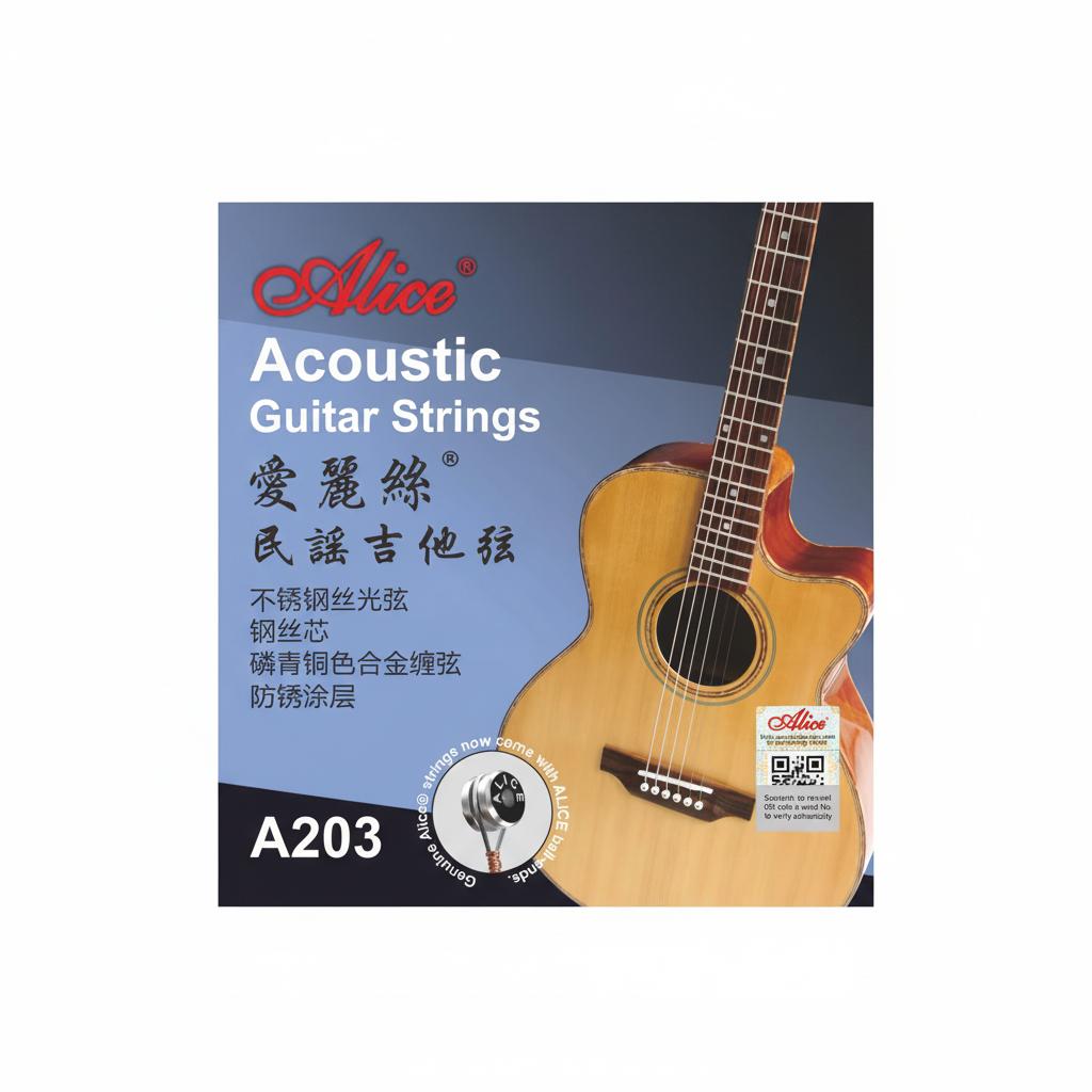 Alice A203 acoustic guitar strings package shown straight-on with Alice branding, A203 model, original English and Chinese text, and QR label preserved on a clean white background