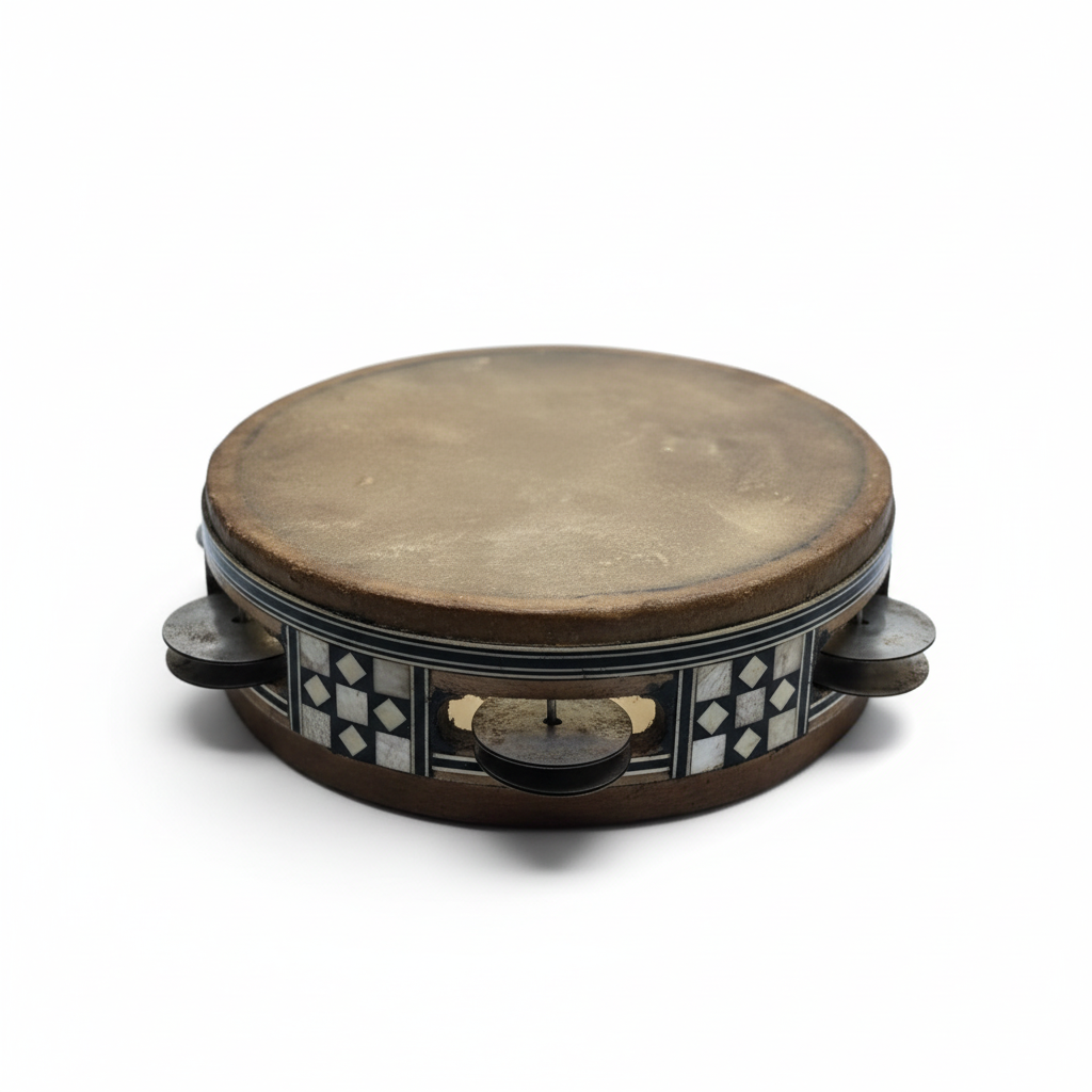 Medium wooden riqq shown from a side-angled view with wooden frame and metal jingles on a white background