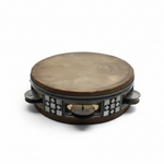 Medium wooden riqq shown from a side-angled view with wooden frame and metal jingles on a white background