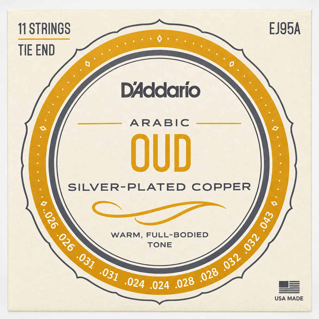 Close-up detail of the printed string gauge sequence on the D'Addario EJ95A package