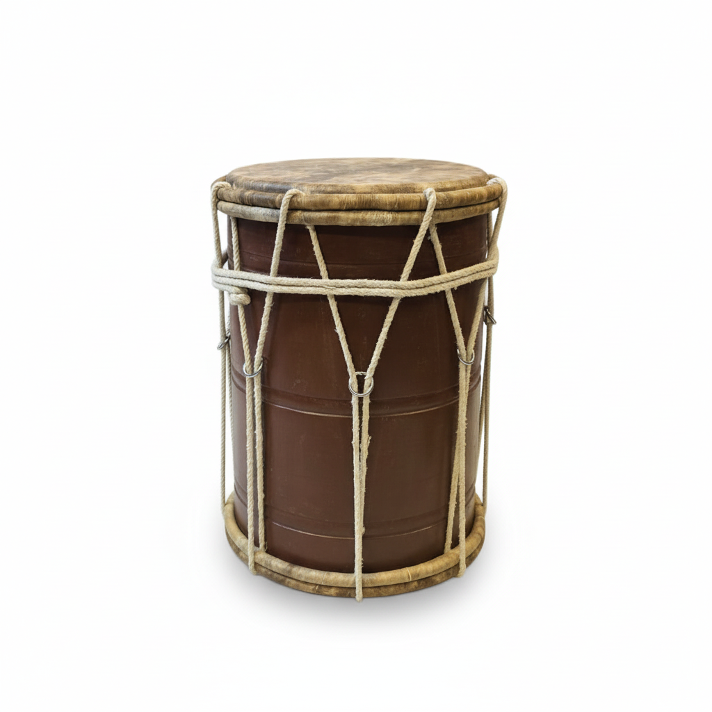 Large Rahmani hand drum shown upright from the front with brown body, natural drumhead, light rims, and rope tensioning on a white background