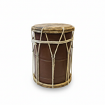 Large Rahmani hand drum shown upright from the front with brown body, natural drumhead, light rims, and rope tensioning on a white background