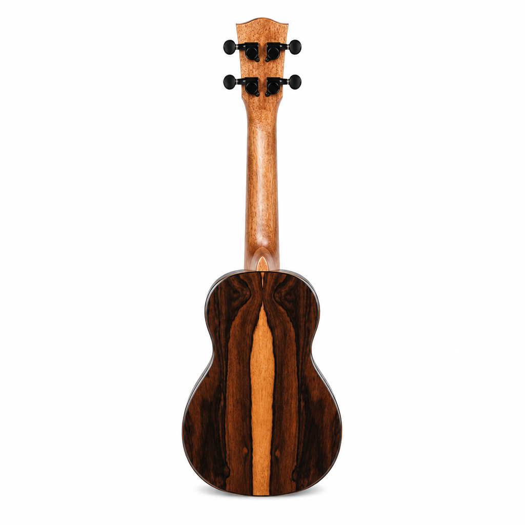 Black Persimmon Wood ukulele, straight back view showing the dark wood-grain finish