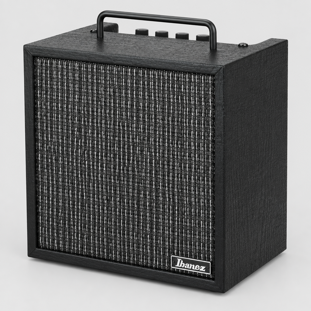 Three-quarter view of the Ibanez IBZ10GV2 amplifier showing the front grille, handle, controls, and cabinet side.