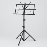 Unbranded P-01 black music stand shown from a three-quarter angle with a foldable tripod base, music tray, and adjustable center post