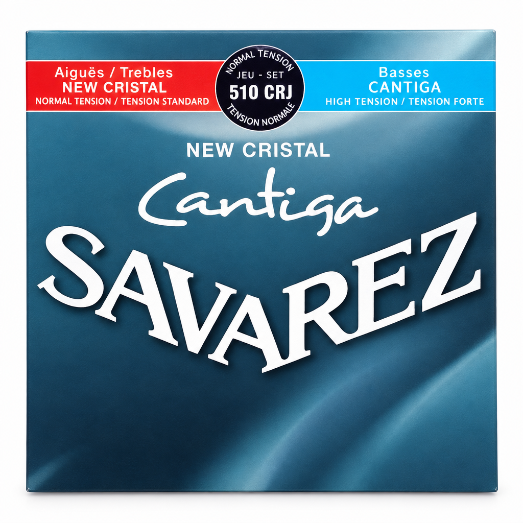 Close-up of the Savarez 510CRJ package front label showing New Cristal and Cantiga
