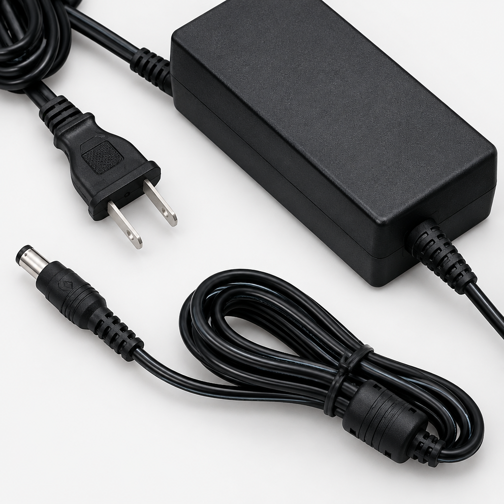 Close-up of the Yamaha PA300C adapter body, attached cables, and connector ends.