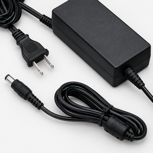 Close-up of the Yamaha PA300C adapter body, attached cables, and connector ends.