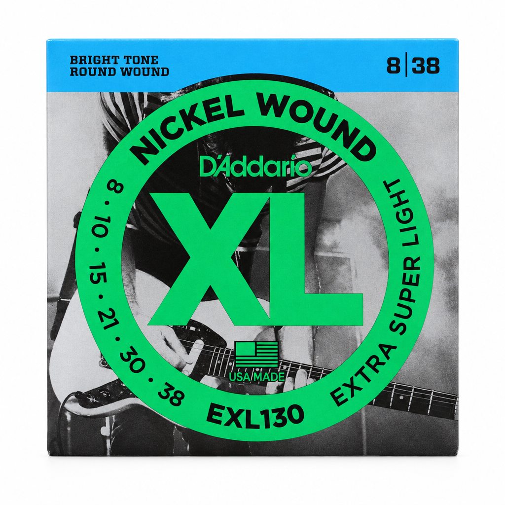 Straight-on front view of the D'Addario EXL130 XL Nickel Wound electric guitar strings package, Extra Super Light 8-38.