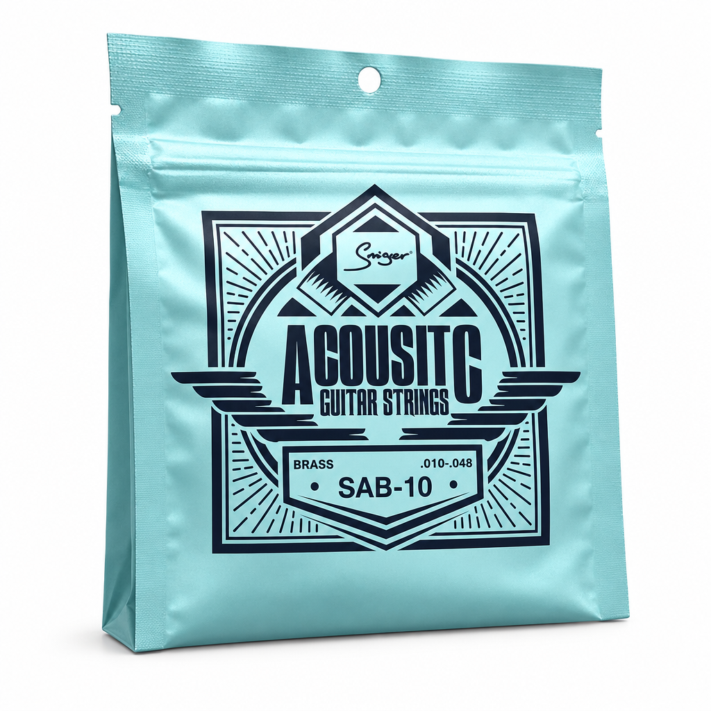Smiger SAB-10 .010-.048 brass acoustic guitar strings package, three-quarter angled view showing package thickness and original manufacturer design
