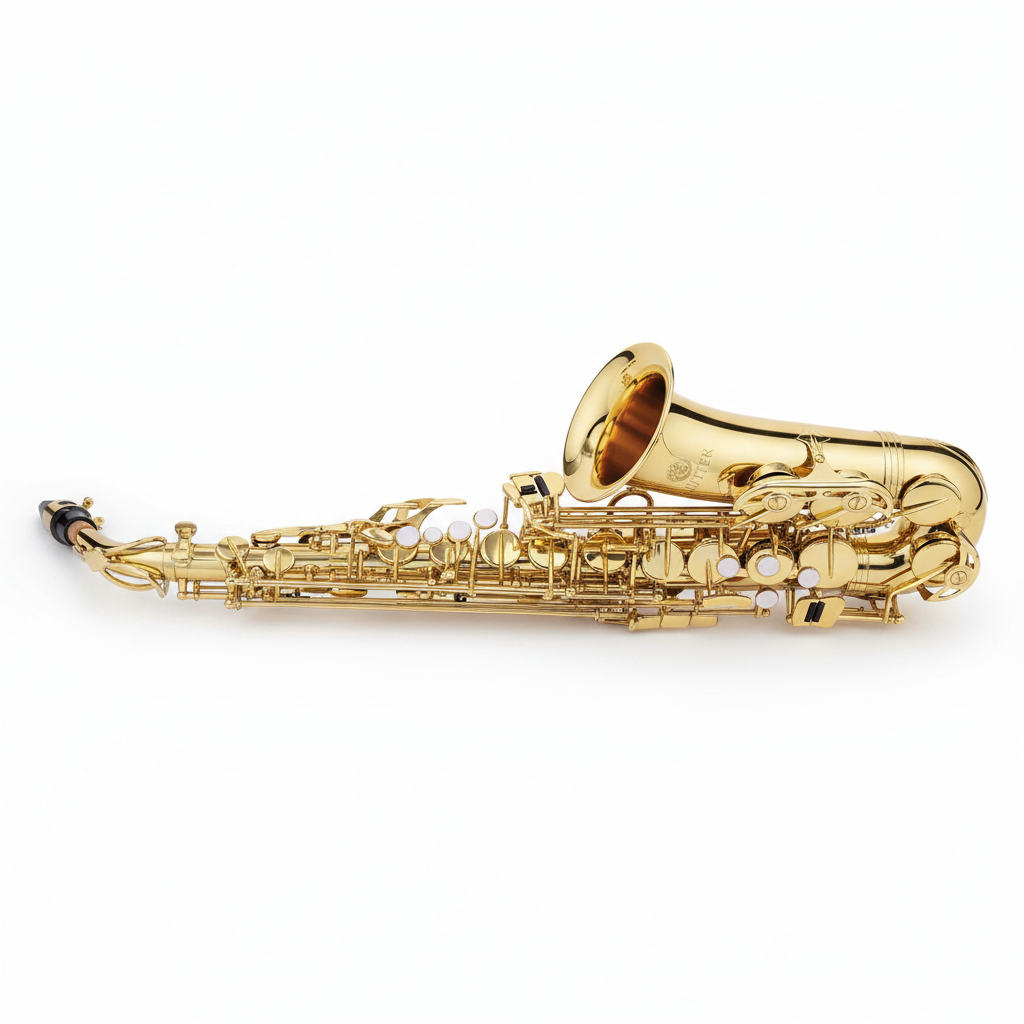 One Jupiter JAS510Q Eb gold-lacquered alto saxophone shown horizontally with curved body, bell, neck, keywork, and Jupiter branding
