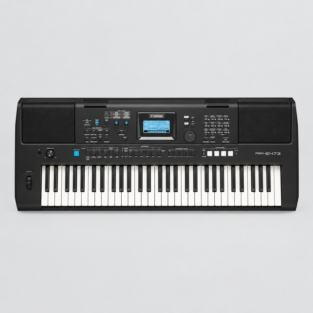 Full front view of the Yamaha PSR-E473 portable keyboard with 61 keys, display, control panel and speakers.