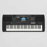 Full front view of the Yamaha PSR-E473 portable keyboard with 61 keys, display, control panel and speakers.