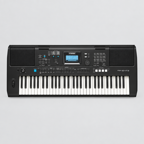 Full front view of the Yamaha PSR-E473 portable keyboard with 61 keys, display, control panel and speakers.
