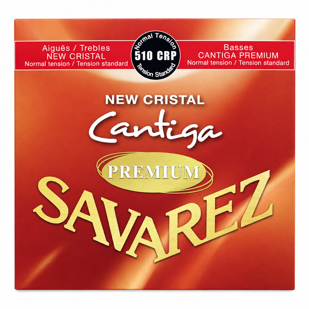 Close-up of the Savarez Cantiga Premium 510-CRP bass guitar strings package front label