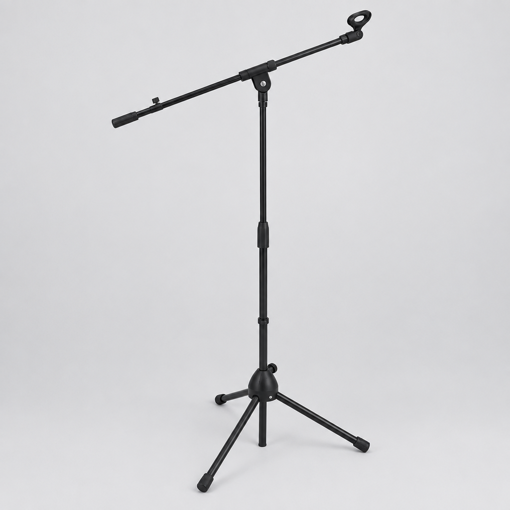 Unbranded M-300 microphone stand shown from a three-quarter angle with its adjustable stand, boom arm, microphone mount, and tripod base