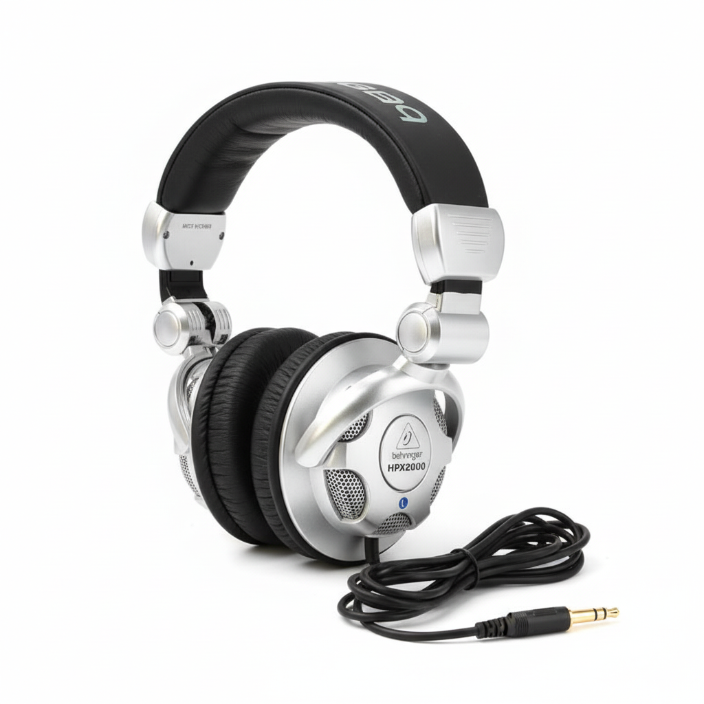 Behringer HPX2000 closed-back DJ headphones shown in a complete three-quarter view with swiveling ear cups and cable on a white background