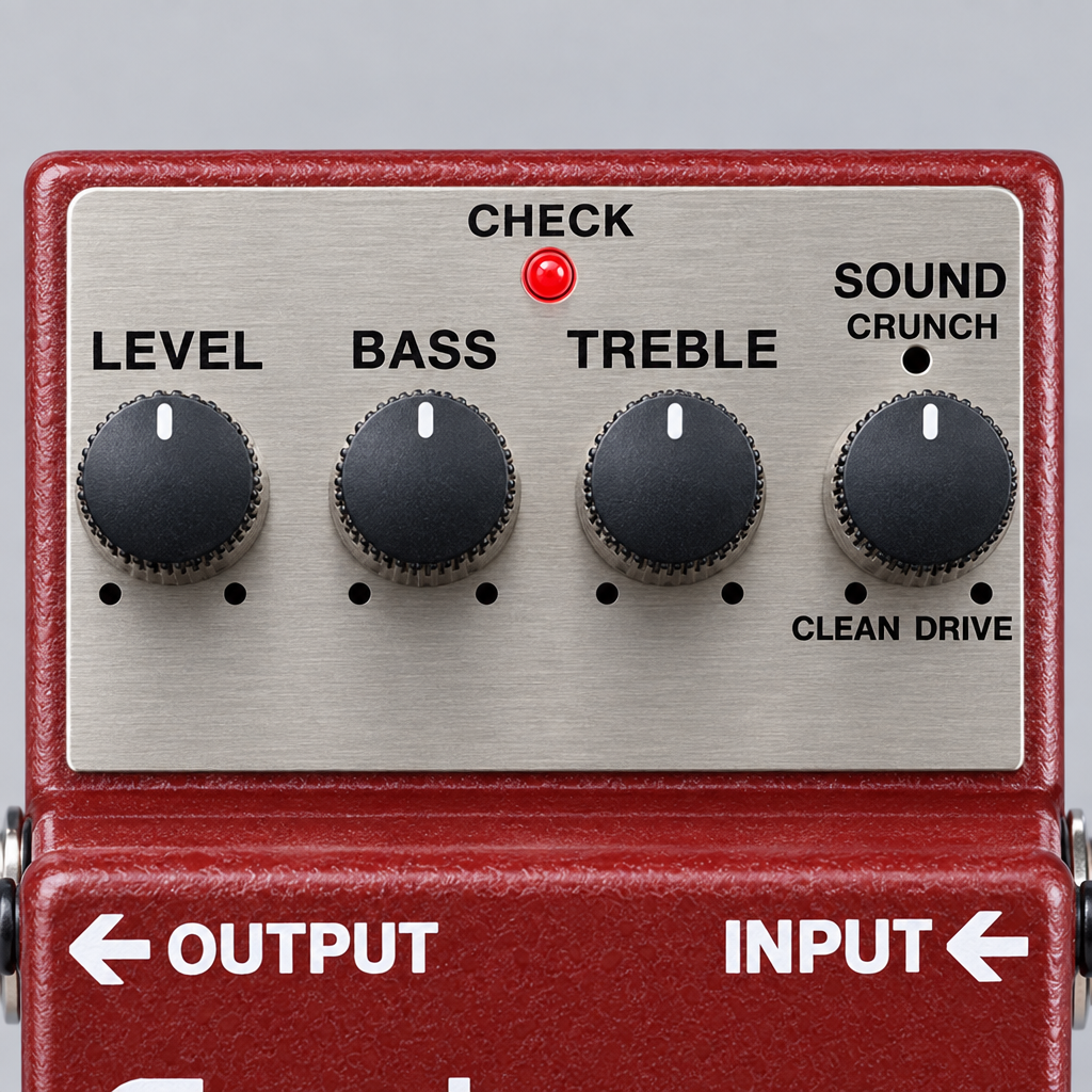 Close-up of the BOSS BC-2 pedal's SOUND, BASS, TREBLE, and LEVEL controls.