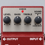Close-up of the BOSS BC-2 pedal's SOUND, BASS, TREBLE, and LEVEL controls.