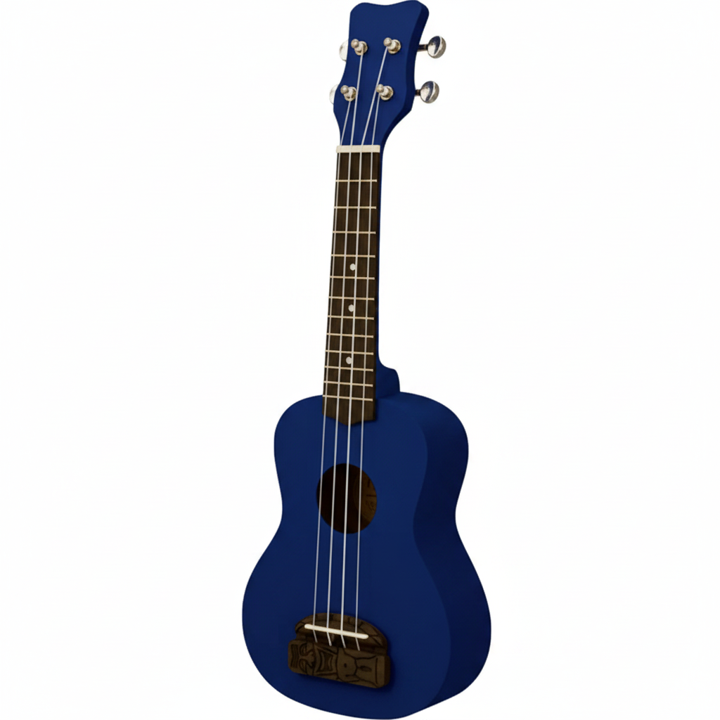 Unbranded blue 21-inch soprano ukulele shown at a 45-degree angle on a white background