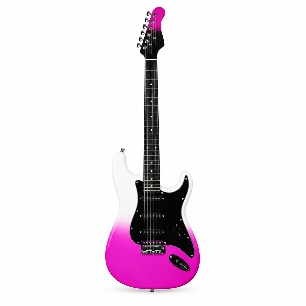 Straight front view of the Smiger L-G2-i6 WKY electric guitar preserving its original white-to-pink gradient finish, ST-style body, pickups, tremolo bridge, strings, controls, neck, and headstock