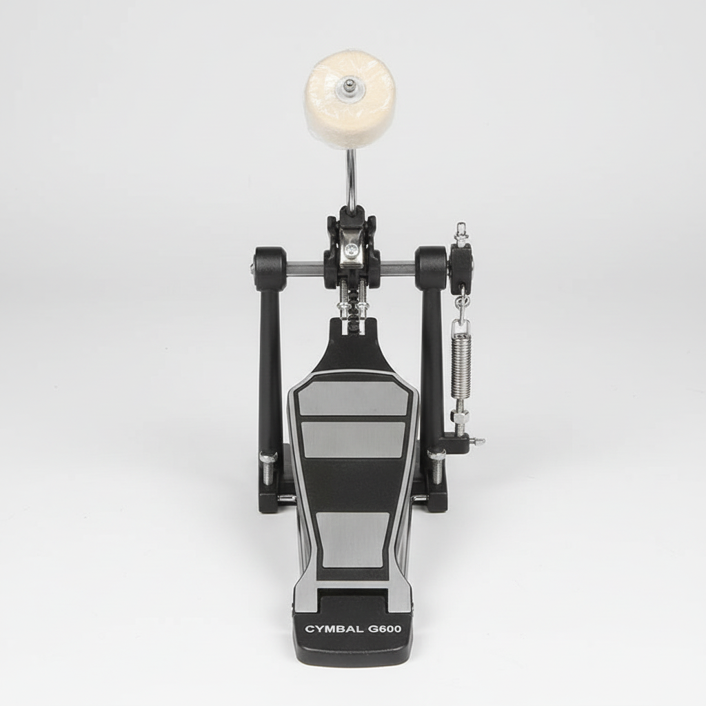 One Cymbal G600 single drum pedal shown from the front with its pedal board, beater, spring, frame, and hardware, without any additional branding