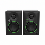 Pair of two Mackie CR4.5BT black powered studio monitors shown from the front with 4.5-inch woofers, tweeters, green trim, and front controls
