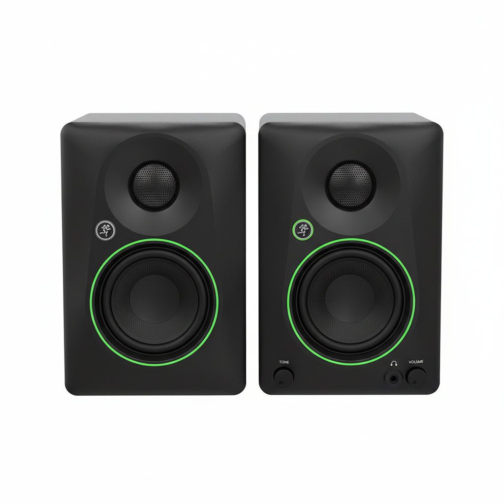 Pair of two Mackie CR4.5BT black powered studio monitors shown from the front with 4.5-inch woofers, tweeters, green trim, and front controls