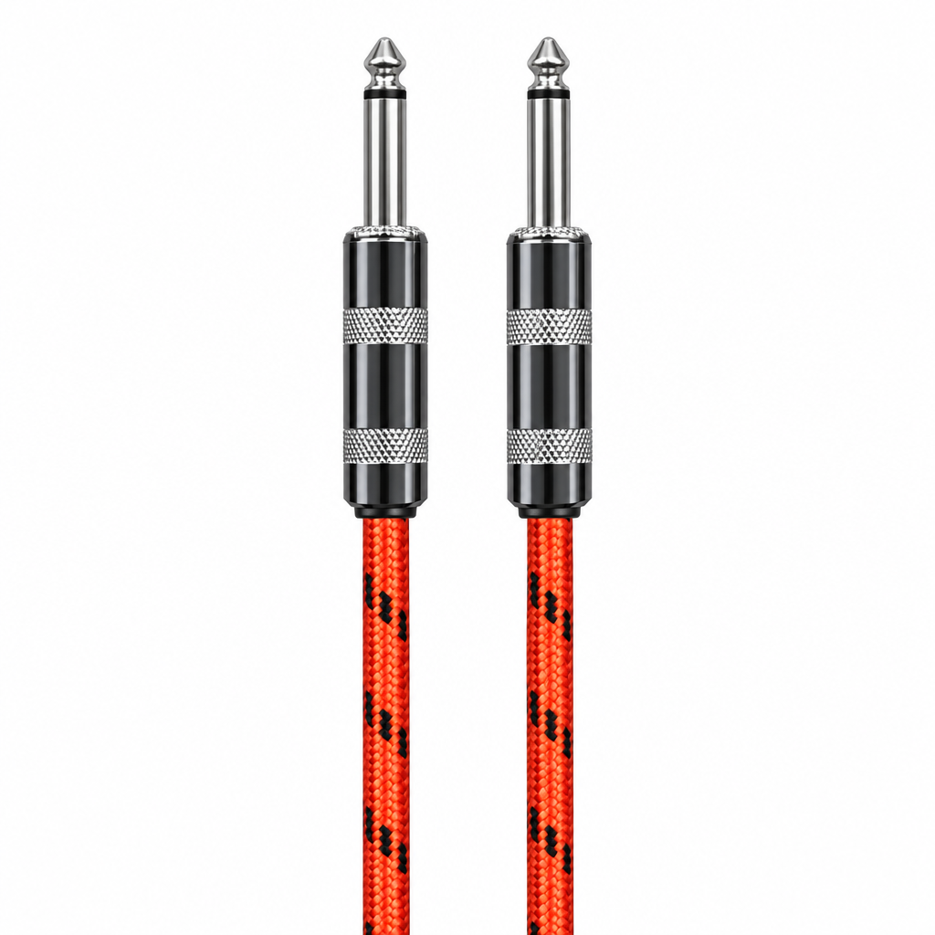 Straight close-up of the Luxars LCB-6A red patterned instrument cable showing its two matching plugs, housings, strain reliefs, and cable jacket