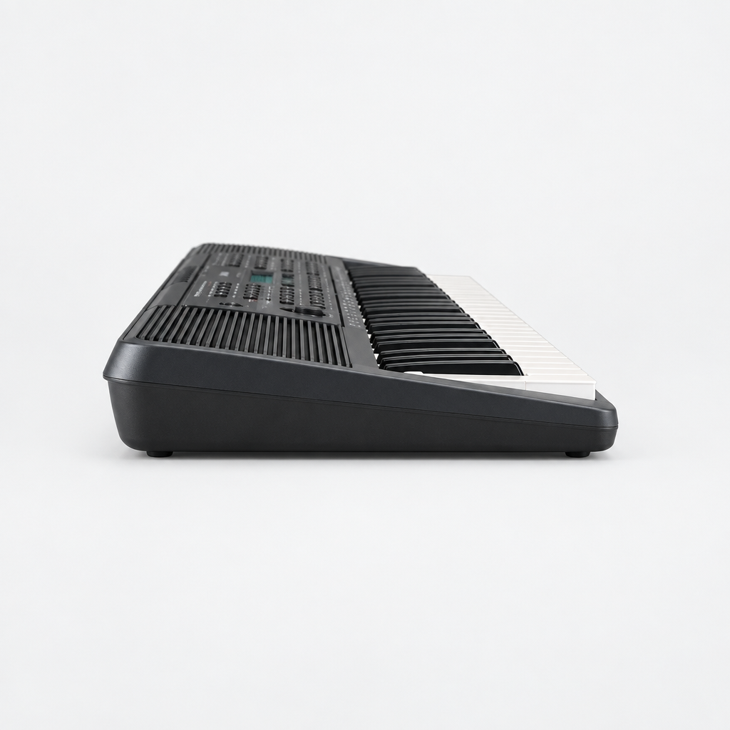Side profile of the Yamaha PSR-E273 portable keyboard showing its shallow body and keys.
