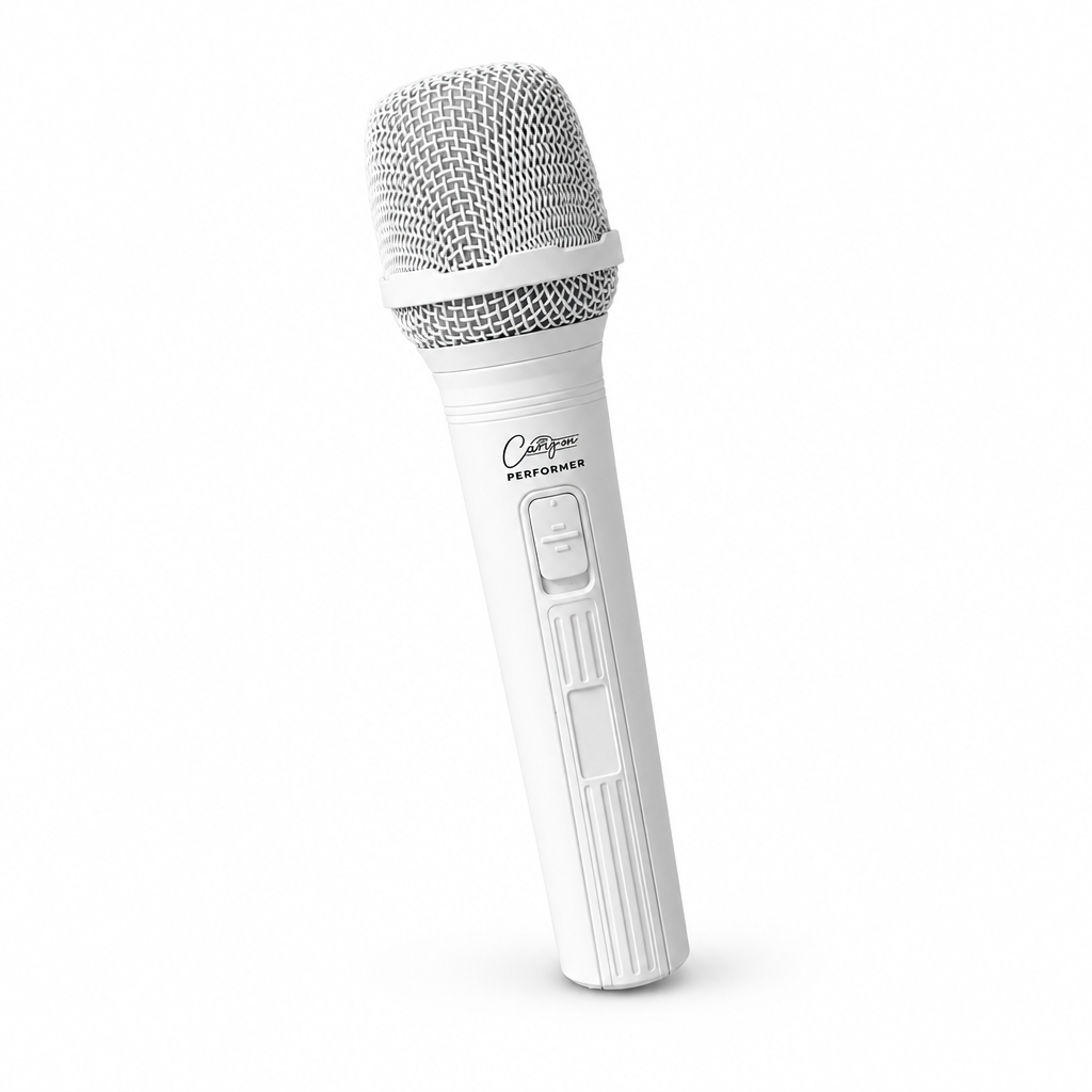 45-degree view of the white Carry-On Performer dynamic microphone.