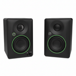 Pair of two Mackie CR8BT 8-inch black powered studio monitors shown in a close front detail view with woofers, tweeters, and branding
