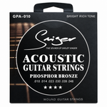 Close-up of the Smiger GPA-010 phosphor bronze acoustic guitar strings package showing the original .010-.048 gauge and package specifications