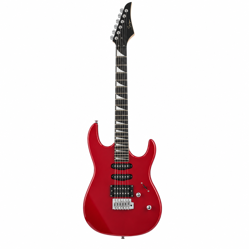 Straight front view of the Smiger L-G4-RD electric guitar preserving its original red finish, ST-style body, HSS pickup layout, tremolo bridge, controls, neck, and headstock
