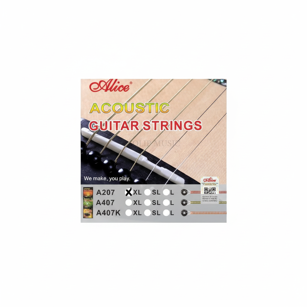 Alice A207 acoustic guitar strings package shown straight-on with Alice branding, A207 XL marking, and original printed details preserved on a clean white background