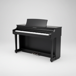 Kawai CX202 Satin Black digital piano shown at a three-quarter angle, displaying the console depth, 88-key keyboard, music rest, speakers, and three pedals