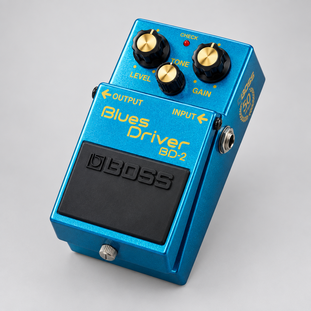 Three-quarter view of the BOSS BD-2-B50A pedal showing its side and anniversary emblem.