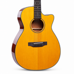 Natural close-up of the Smiger M-D10S acoustic guitar showing the soundhole, rosette, strings, bridge, fretboard, and continuous natural finish