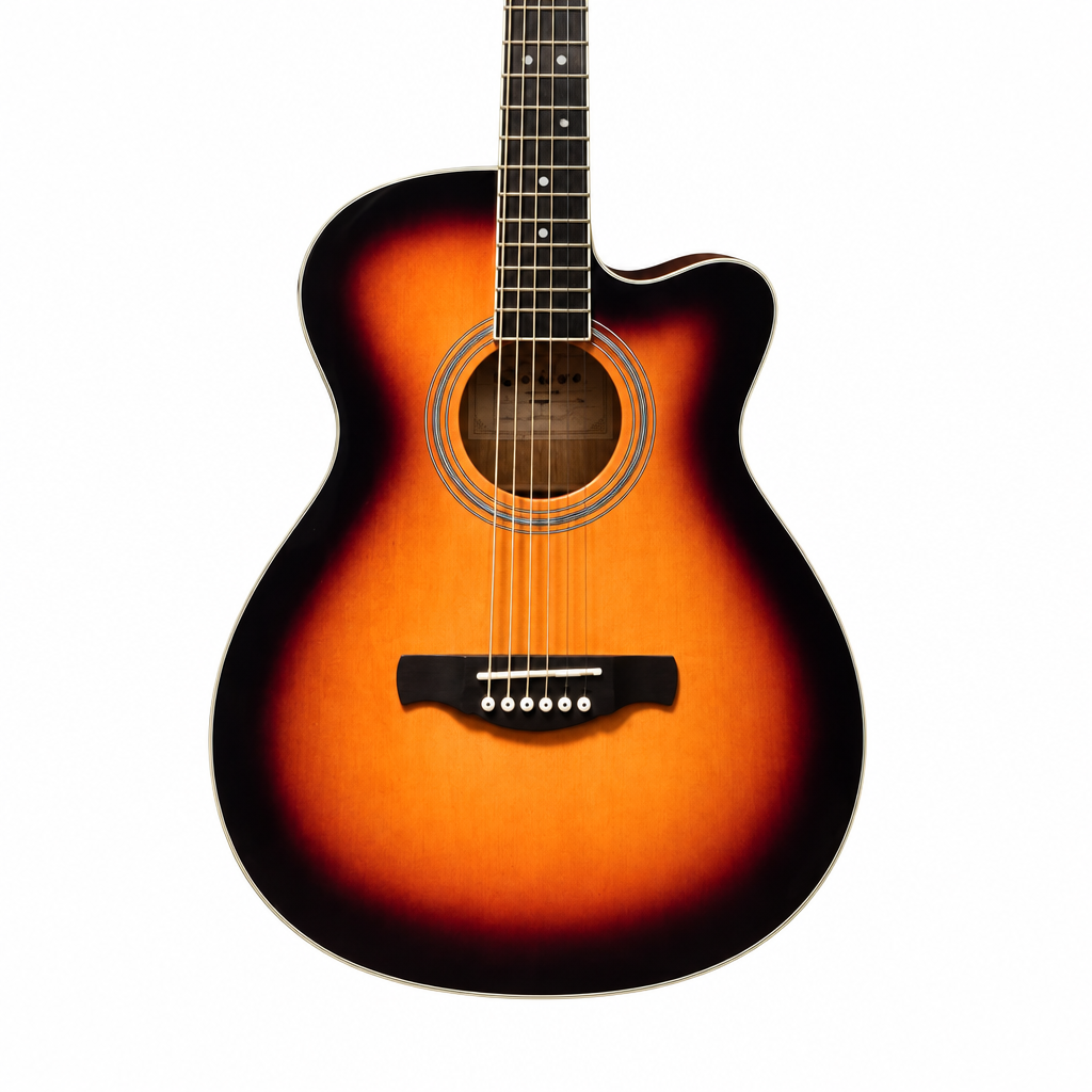 Straight close-up of the Carpe 38-inch sunburst acoustic guitar showing its soundhole, rosette, bridge, strings, cutaway body, and visible finish
