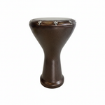 Unbranded Syrian 8-inch Heat Star Braghi darbuka upright front view showing the dark goblet body, star-pattern tension lugs, drumhead, rim, and base on a clean white background