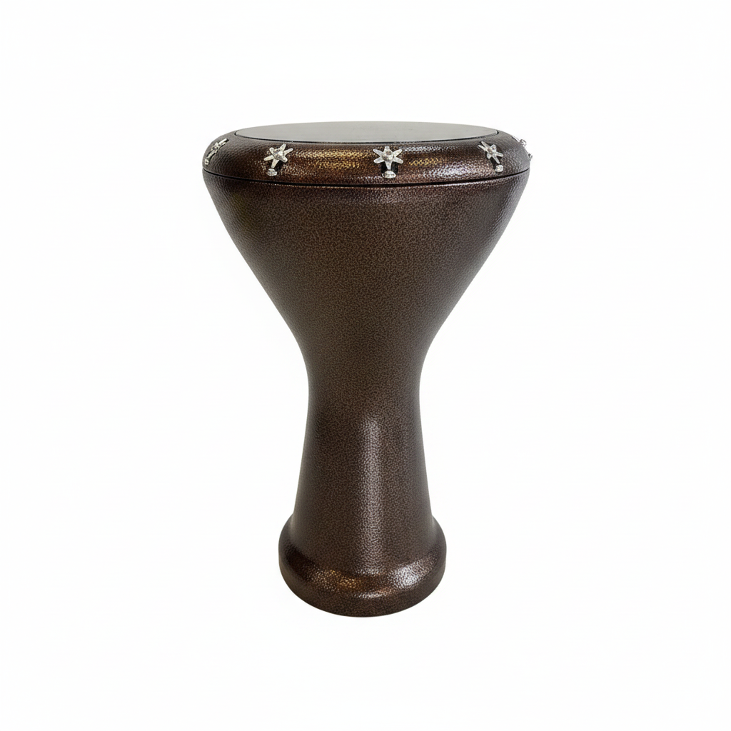 Unbranded Syrian 8-inch Heat Star Braghi darbuka upright front view showing the dark goblet body, star-pattern tension lugs, drumhead, rim, and base on a clean white background