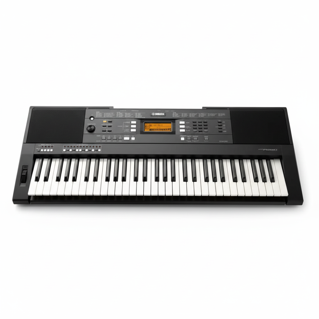 Yamaha PSR-A350 Oriental Keyboard shown from the front with 61 black and white keys, speakers, display, and control panel on a white background