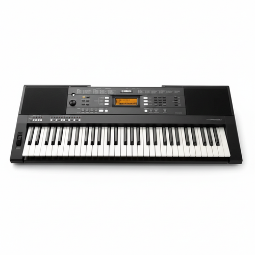 Yamaha PSR-A350 Oriental Keyboard shown from the front with 61 black and white keys, speakers, display, and control panel on a white background