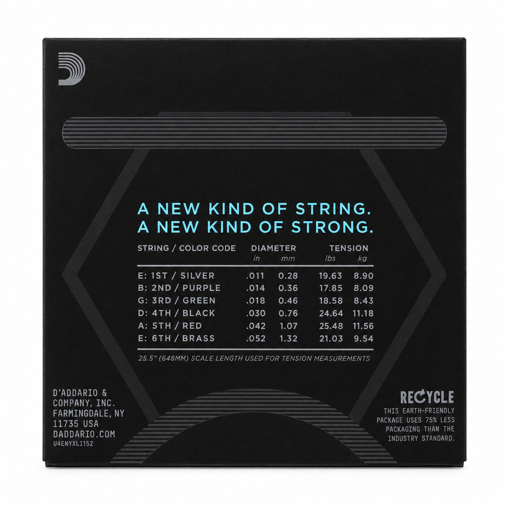 Back view of the D'Addario NYXL1152 11–52 package with its six-string gauge and tension chart.